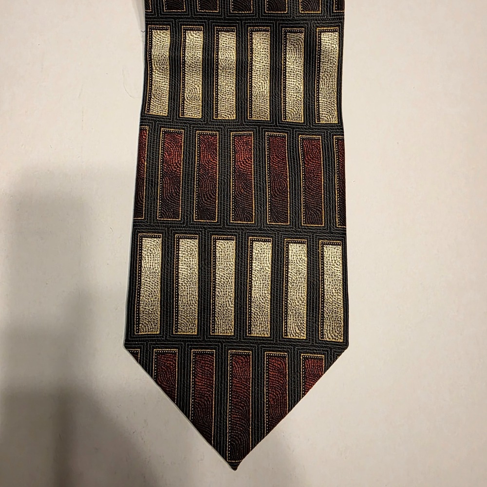 Mosaic Mens Silk Necktie Black Gold Burgundy Geometric Rectangular Hand Made Tie - Picture 2 of 5